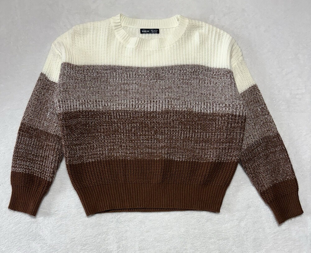 Shein Sweater Womens Small Brown Colorblock Long Sleeve Crew Neck Pullover